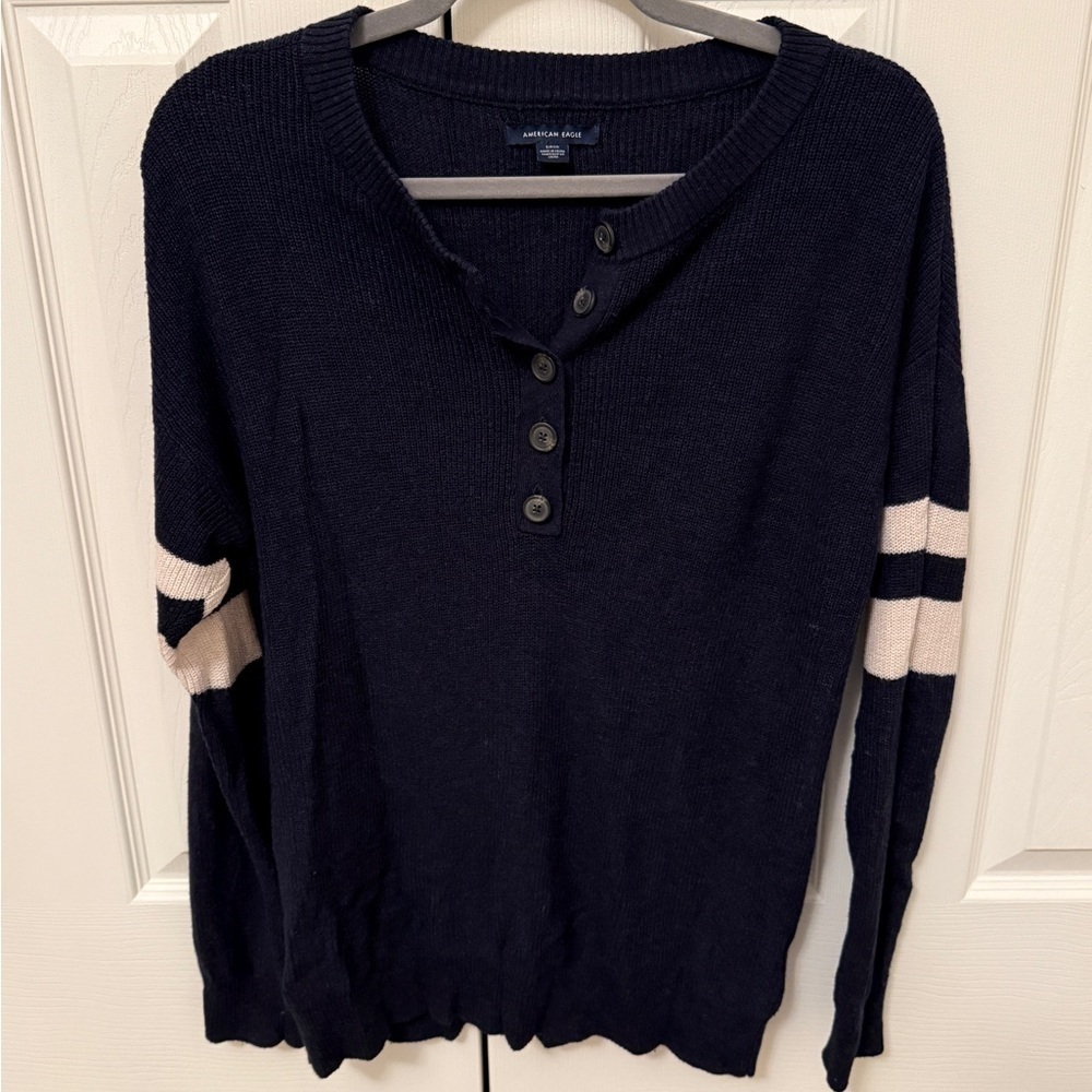 American Eagle Navy Blue Striped Henley Sweater - Size S